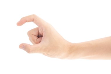 El ele tutuşmak ya da parmaklarıyla bir şey almak, beyaz arka planda izole edilmiş, kırpma yolu dahil..