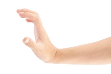 Bir şeyi iten bir elin yakın çekimi, beyaz arka planda izole edilmiş, kırpma yolu dahil.