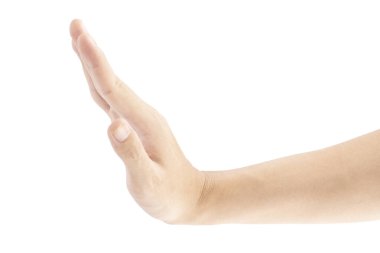 Bir şeyi iten bir elin yakın çekimi, beyaz arka planda izole edilmiş, kırpma yolu dahil.