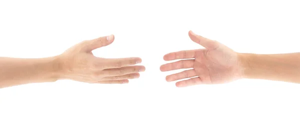 Close Photo Two Hands Reaching Out Shake Hands Isolated White — 스톡 사진