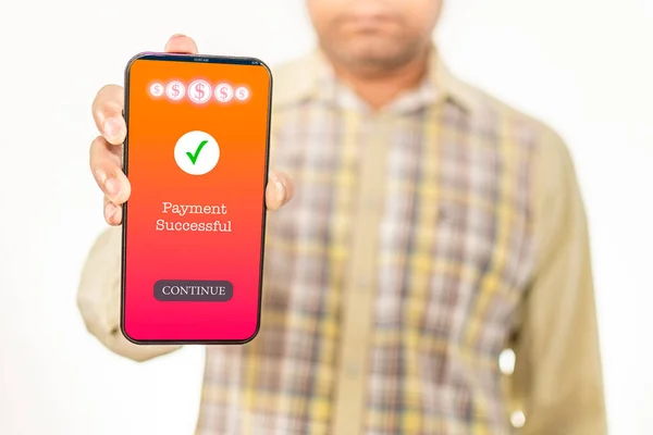 Man Hand Holds Smartphone Screen Message Payment Successful Concept Financial — Φωτογραφία Αρχείου