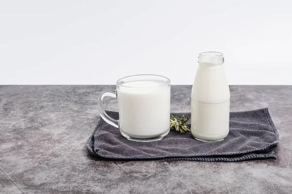 Beverage Liquid Milk White Fresh Natural Glass Bottles Table Drink — Stock fotografie