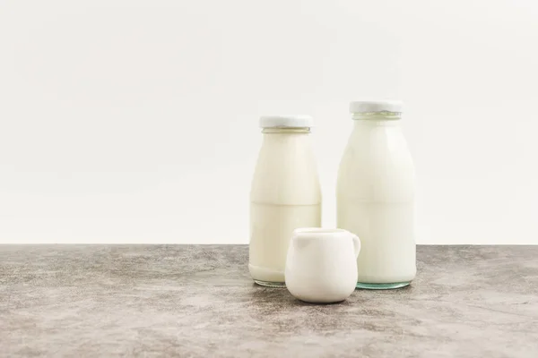 Beverage Liquid Milk White Fresh Natural Glass Bottles Table Drink — Stock fotografie