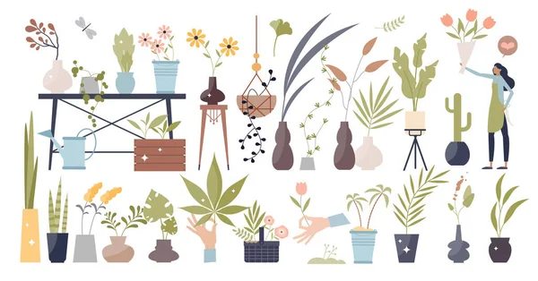 Елементи квітів і рослин з листям у горщиках набір колекції крихітної людини — стоковий вектор
