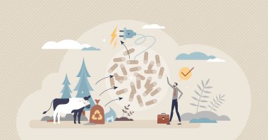 Alternatif elektrik üretimi için biyokütle enerjisi küçük insan konsepti. Canlı organizmalar vektör illüstrasyonunu kullanarak yenilenebilir ekolojik güç üretim çözeltisi. Bitkiler ve hayvanlar etkin kullanımı boşa harcıyor.