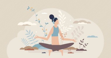 Rehberli meditasyon ve yoga aktivitesi. Kulaklıklar, minik insan konsepti.