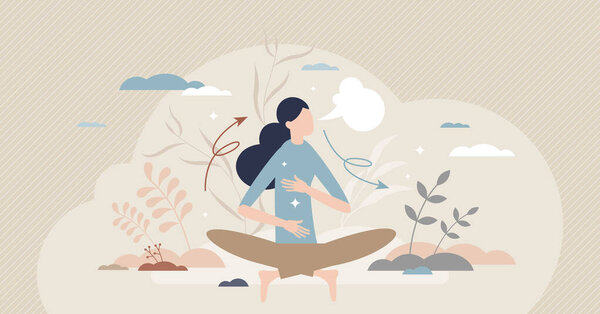 Breathe in air as healthy mindfulness practice for calm tiny person concept