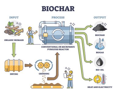 Biyochar, biyogaz, biyo-yağ ve enerji üretimi Pyrolysis reaktörü tarafından