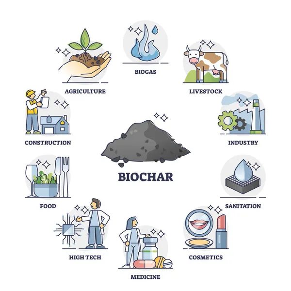 Biochar use cases for climate change mitigation, vector illustration diagram — Stock Vector