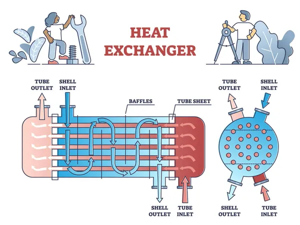 Princípio do sistema do permutador de calor para refrigerar, diagrama do esboço do processo de aquecimento — Vetor de Stock