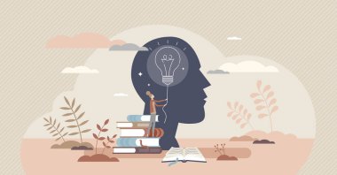 Eğitim psikolojisi. Ampulü ve kafası olan minicik insan konsepti.