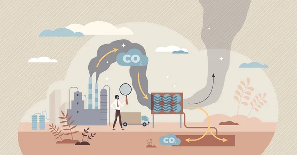 碳捕获作为二氧化碳减少与排放利用微小人的概念 — 图库矢量图片