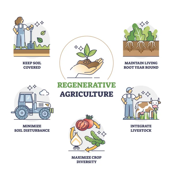 Regenerative agriculture method for soil health and vitality outline diagram — Stock Vector