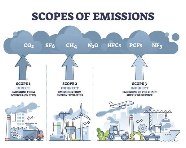 Âmbito das emissões como diagrama de cálculo dos gases com efeito de estufa —  Vetores de Stock