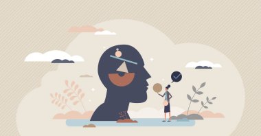 Vücut iç dengesi ve sağlıklı küçük insan vektör çizimi konsepti. Kişisel bakım uyum uygulaması ve duyguları yönetme. Duygular ve düşünceler meditasyonla iyileştirme egzersizi.