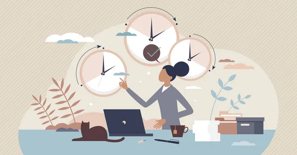 Trabajo flexible con horario de trabajo ajustable concepto de persona pequeña — Vector de stock