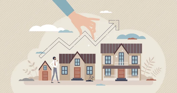 Fastighetstillväxt med marknadsvärde stiger för hus liten person koncept — Stock vektor