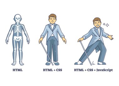 HTML, CSS and JavaScript suit as explained coding layers outline diagram. Website project development stages with basic skeletal or advanced high end performance compared to human vector illustration clipart svg vector 