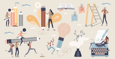 Yaratıcılık yazma becerileri ve hayal gücü küçük insan koleksiyonu setini çalıştırır