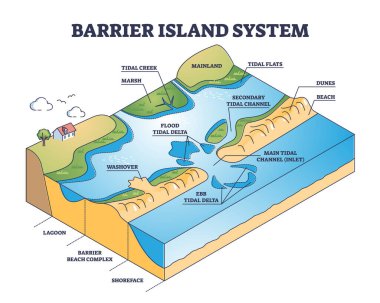 Barrier island system as dune type and coastal landforms outline diagram clipart