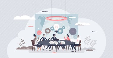 Konsey toplantısı ve CEO baş tartışma ve beyin fırtınası küçük insan konsepti