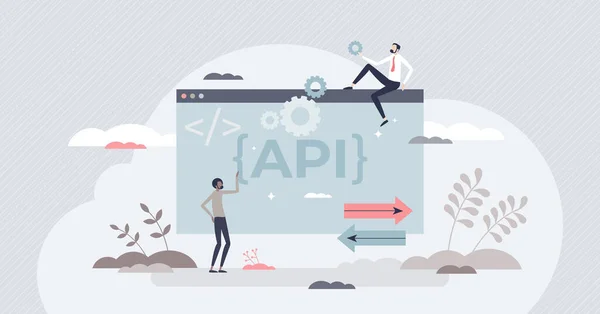 API come interfaccia di programmazione applicativa e integrazione concetto di persona minuscola — Vettoriale Stock