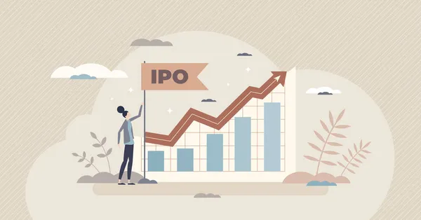 IPO як початкова публічна пропозиція та фондовий ринок поділяє поняття крихітної людини — стоковий вектор