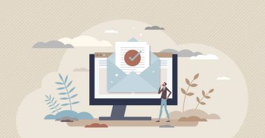 Doğrulama mektubu ve e-posta ile tamamlanmış iş küçük kişi konsepti