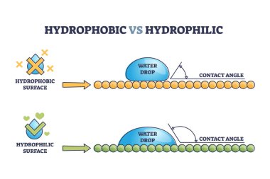 Hydrophobic vs hydrophilic surface effect on water drop outline diagram clipart