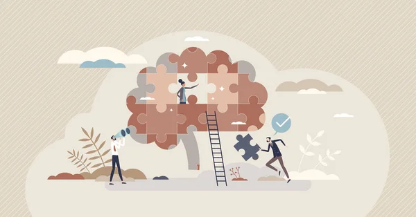 Hersenontwikkeling of teamwork prestaties met brainstorm kleine persoon concept — Stockvector