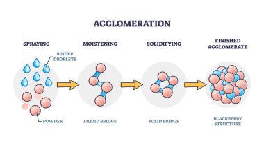 Agglomeration process explanation with powder and bridges outline diagram clipart