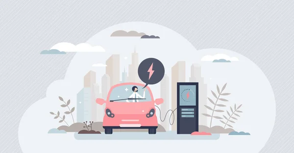 Elektrische auto elektriciteitscentrale met elektriciteit opladen kleine persoon concept — Stockvector