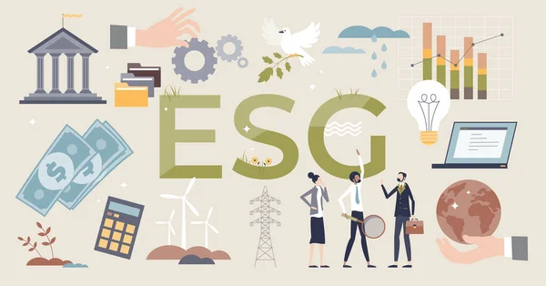 Artículos ESG como conjunto de recolección de personas diminutas ambientales, sociales y de gobernanza — Vector de stock
