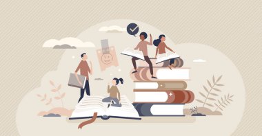 Bilgi gelişimi için eğitici kitapları olan çocukları okumak küçük insan kavramı