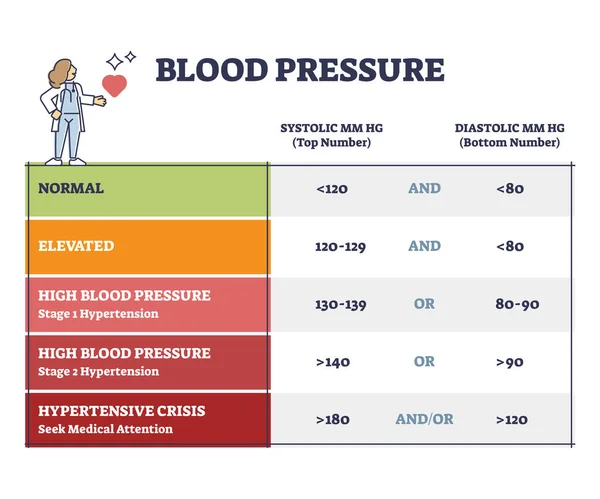 Blood pressure with systolic and diastolic number chart outline diagram — 图库矢量图片