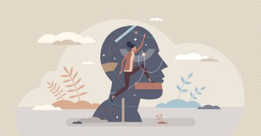 Otomatik düşünceleri olan bilinçaltı zihinsel süreçleri küçük insan konsepti