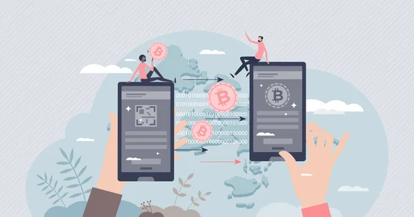 Crypto transacción y transferencia de dinero digital desde el concepto de persona diminuta teléfono — Archivo Imágenes Vectoriales