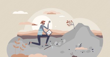 Jeoloji bilimadamı olarak jeobilimci mesleği küçük insan konsepti projesinde çalışır.