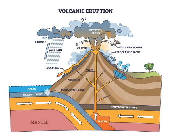 Estructura del proceso de erupción volcánica con concepto de contorno geológico de vista lateral — Vector de stock