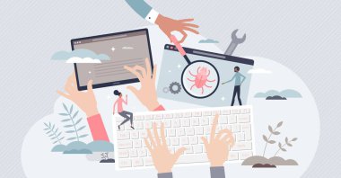 Yazılım denetimi hata veya hatalar için web sitesi kontrolü küçük kişi konsepti