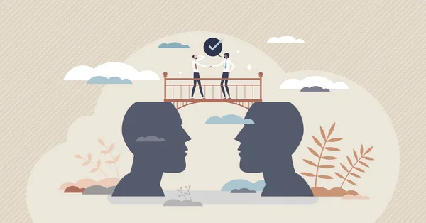 Bridging the gap with successful partner communication tiny person concept — Vetor de Stock