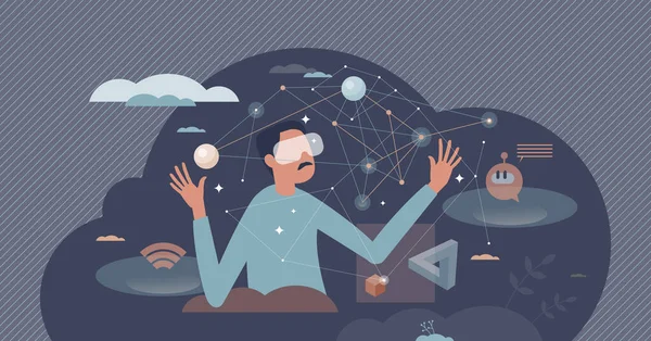 Metaverso como metauniverso digital tecnología ambiente minúscula persona concepto — Vector de stock