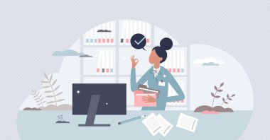 Hastane belge asistanı olarak tıbbi kayıt teknisyeni küçük insan konsepti