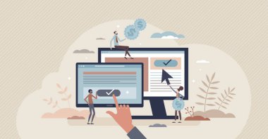 Tıklama başına ödeme pazarlama reklamları stratejisi ve PPC reklamcılık küçük insan konsepti