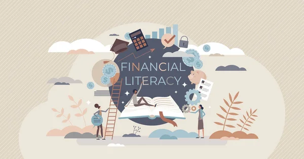 Littératie financière et éducation avec l'apprentissage de livres concept de personne minuscule — Image vectorielle