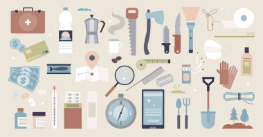 Temel elementlerle acil durum hazırlığı ayarlandı. Küçük insan koleksiyonu