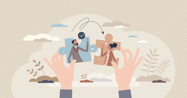 People collaboration and connect business together tiny person concept