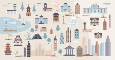 Binalar kurulmuş ve şehir mimarisi küçük insan eşyaları koleksiyonu barındırıyor