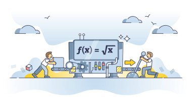 Function usage for automated and smart process procedure outline concept. Factory manufacturing using operators, high tech automation and entering data values for calculations vector illustration. clipart svg vector 