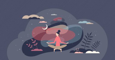 Meditation practice and yoga relaxation for body harmony tiny person concept